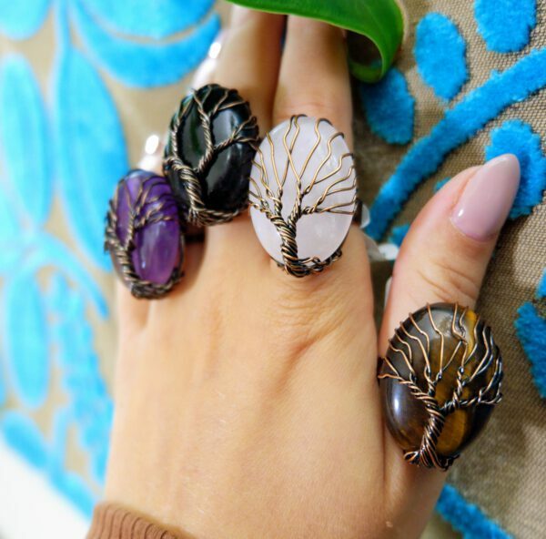69 Verstelbare ring verbronsd levensboom motief met obsidiaan edelstenen juwelen boho spiritueel hippie tribal symbolen etnisch verstelbaar 10
