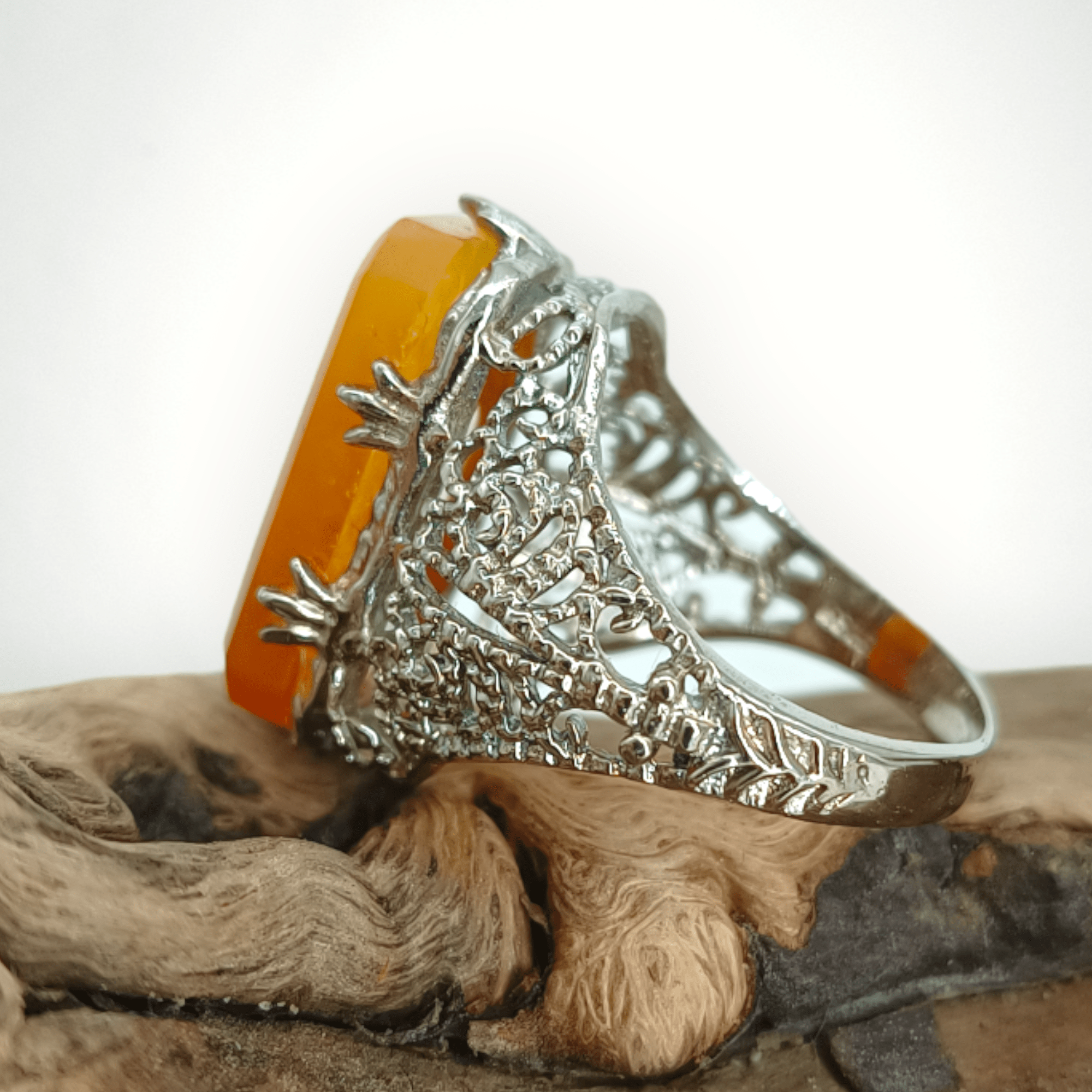 00277 fijne ring fillegrain met gezette gelige mosagaat edelstenen juwelen boho spiritueel hippie tribal symbolen etnisch 3x 56
