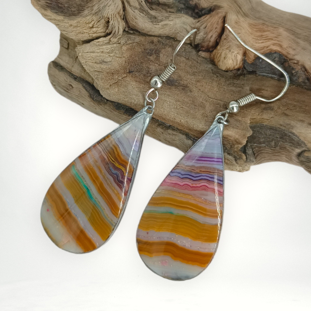 00281 oorbel zilver mosagaat druppel gestreept edelstenen juwelen boho spiritueel hippie tribal symbolen etnisch
