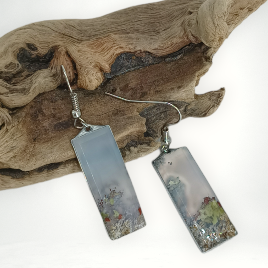 00285 oorbel zilver mosagaat rechthoekig edelstenen juwelen boho spiritueel hippie tribal symbolen etnisch