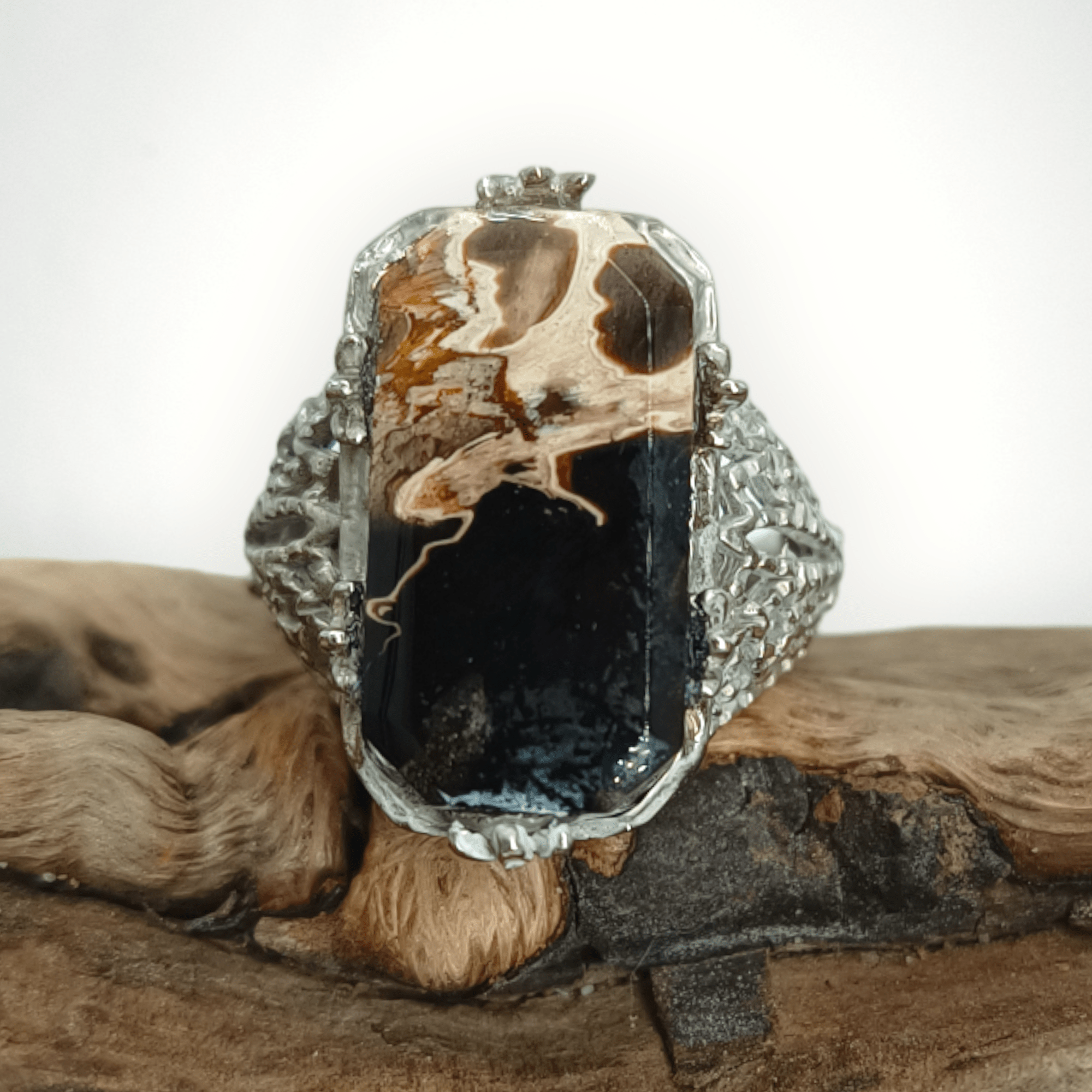 00346 fijne ring fillegrain met gezette zwarte mosagaat edelstenen juwelen boho spiritueel hippie tribal symbolen etnisch 1x 55 2x 56