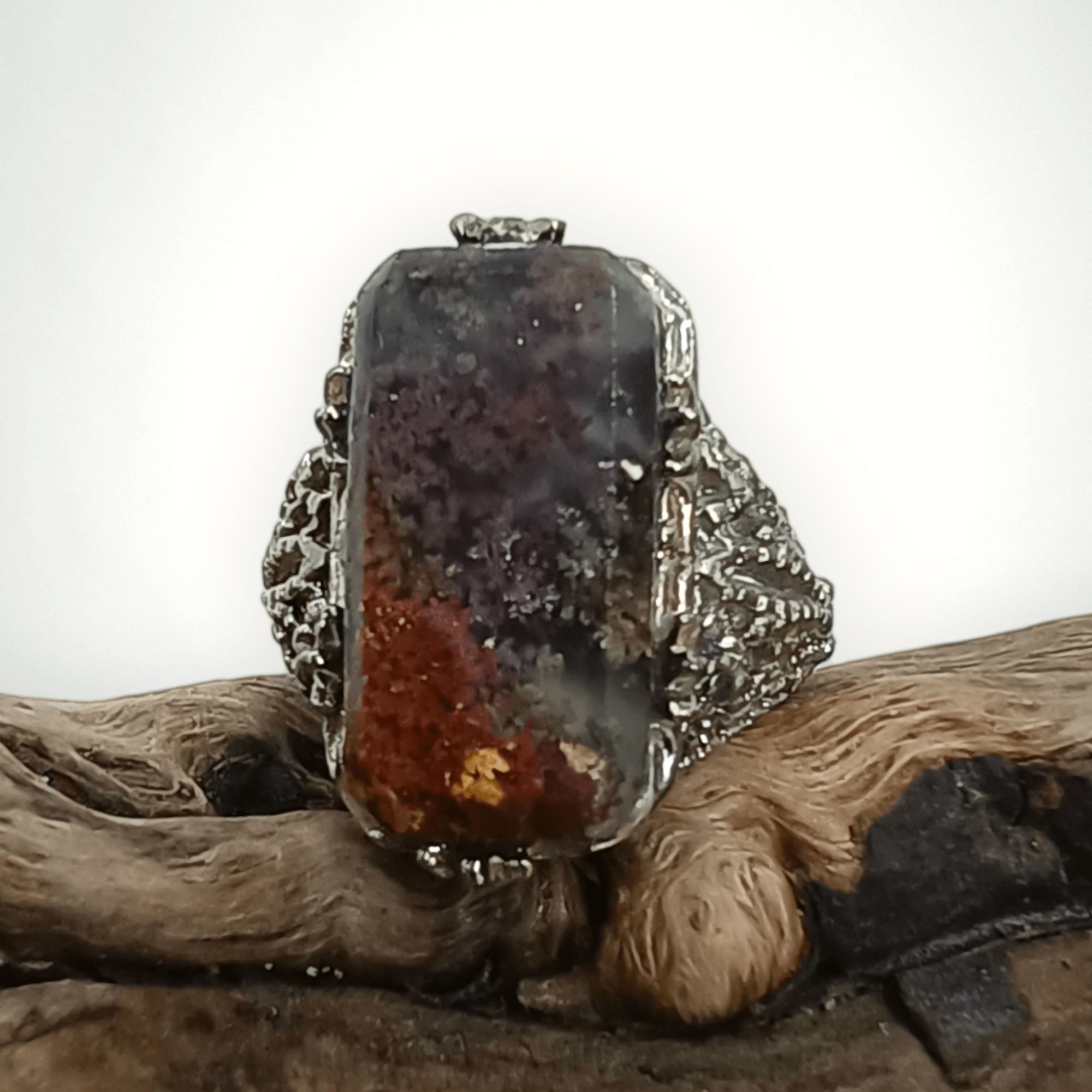 00347 fijne ring fillegrain met gezette bruinige mosagaat edelstenen juwelen boho spiritueel hippie tribal symbolen etnisch 5x maat 56