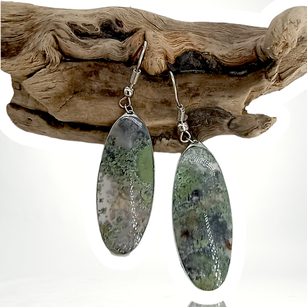 00350 oorbel zilverkleurig met groene mosagaat ovaal groot edelstenen juwelen boho spiritueel hippie tribal symbolen etnisch