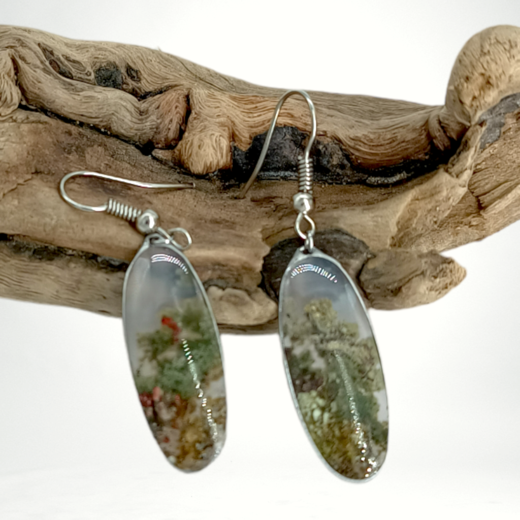 00351 oorbel zilverkleurig met groene mosagaat ovaal klein edelstenen juwelen boho spiritueel hippie tribal symbolen etnisch